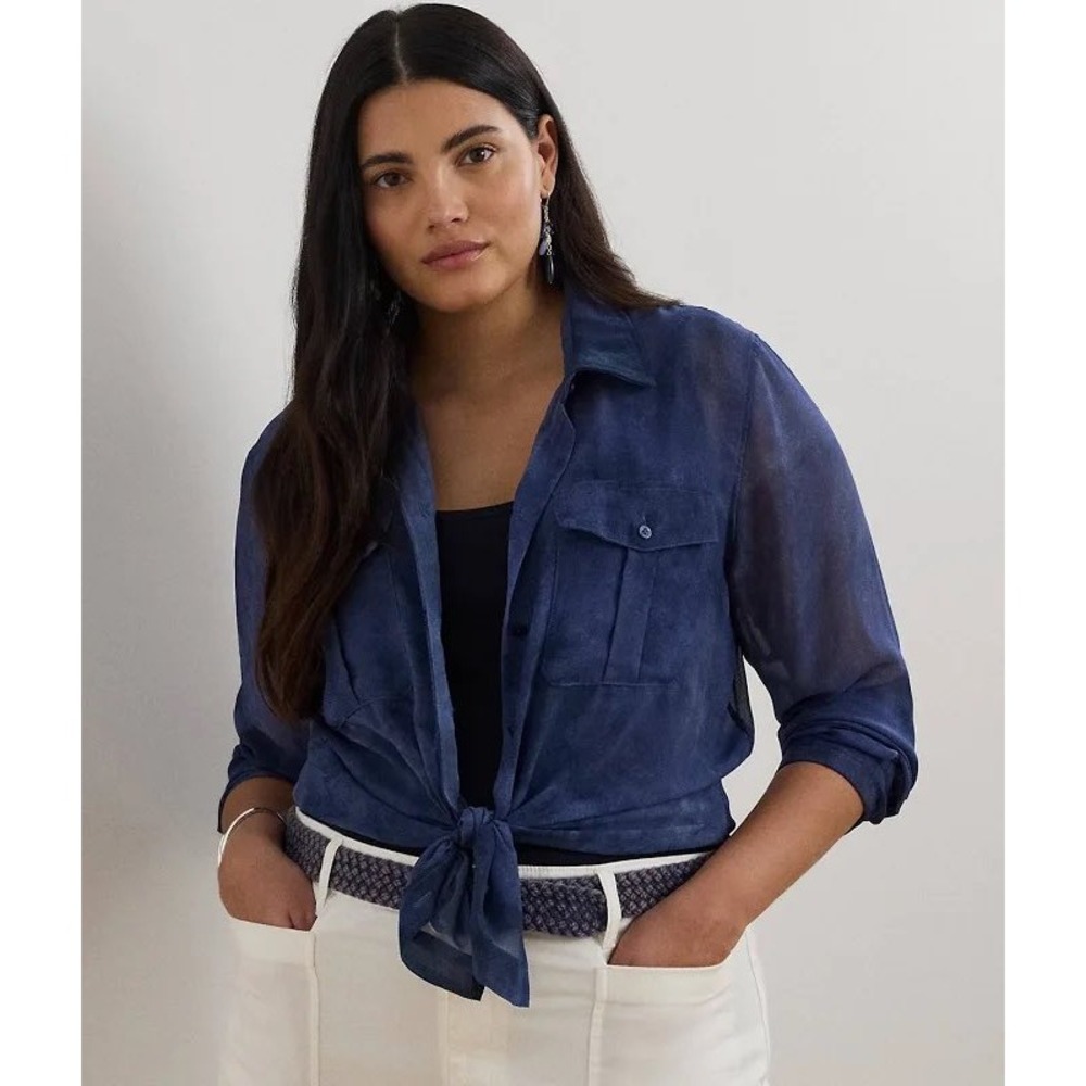 RALPH LAUREN Women's Blue Tie Front‎ Sheer Utility Button Down Shirt Size L NWT